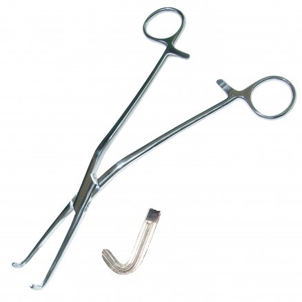 Затискач кровоспинний, по Overholt-Geissendoerfer, зубчатий, зігнутий, № 2. Довжина 21 см